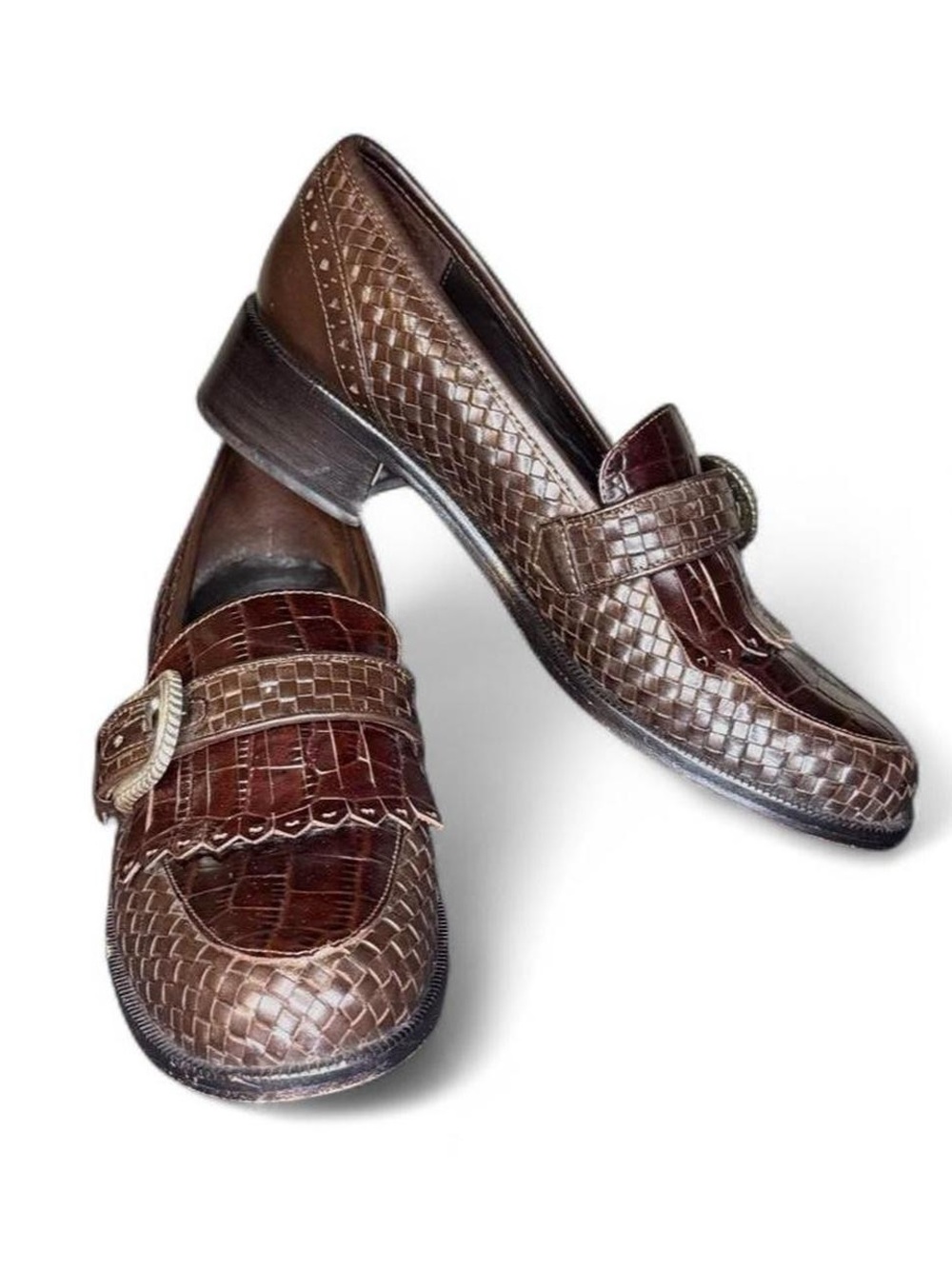 Vintage Brighton brown crocodile woven leather fringe silver buckle loafers 8M